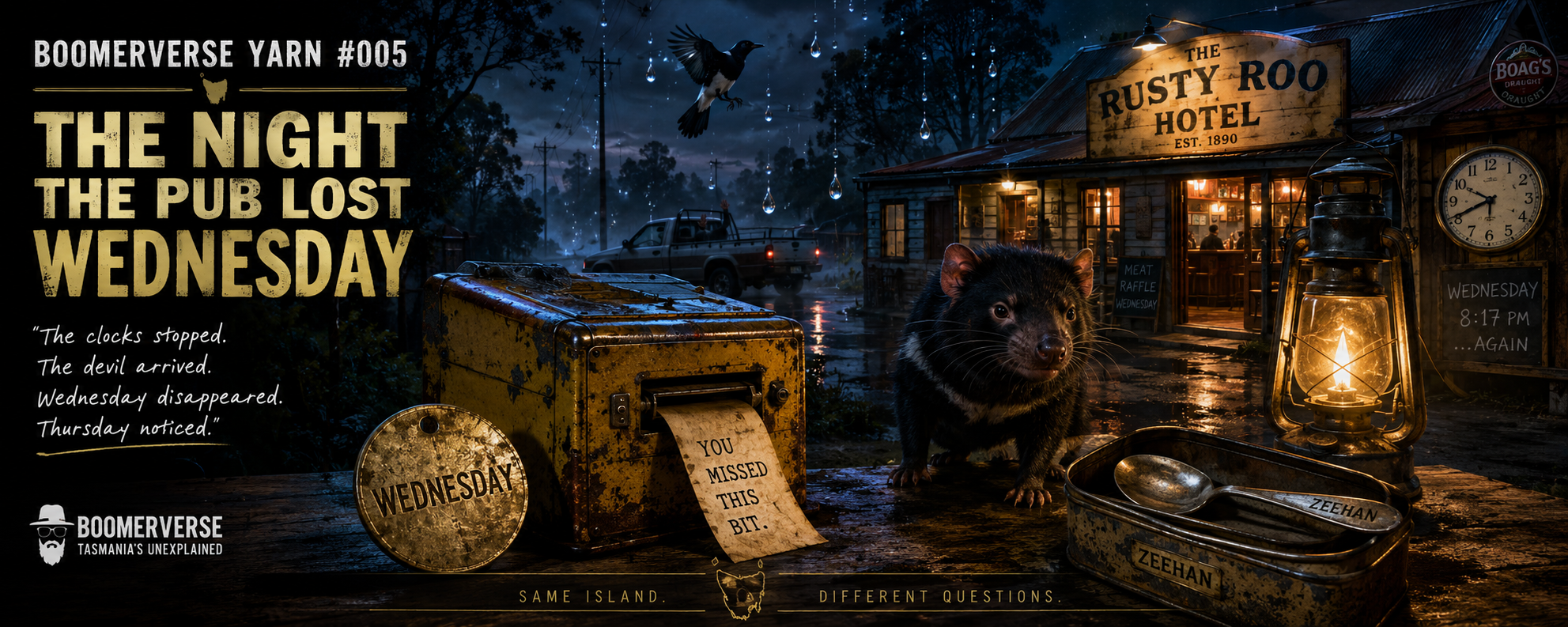 Boomerverse Yarn #005 artwork showing a stormy Tasmanian pub, Tasmanian devil, stopped clocks, an old metal box, lantern and Zeehan clues
