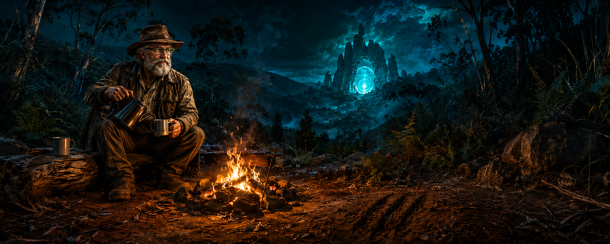The Original Boomer beside a campfire near the Gateway — Boomerverse Yarn #002