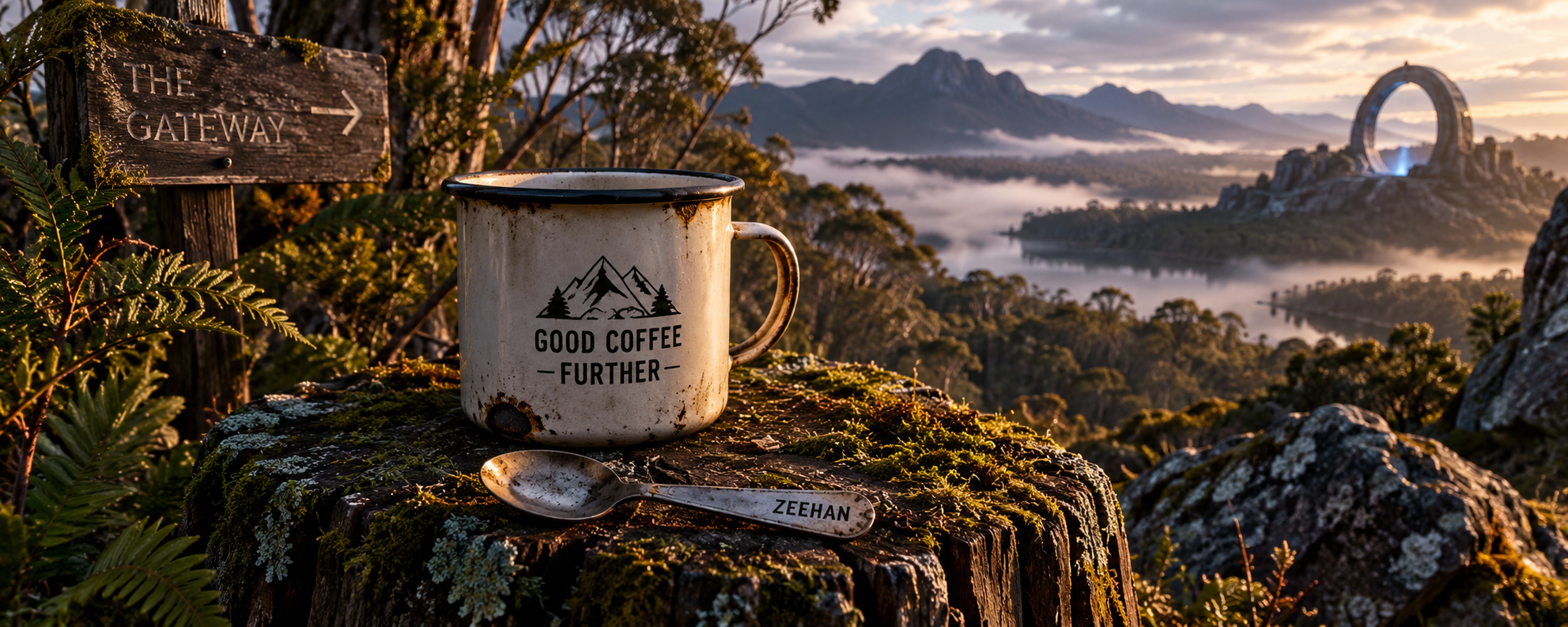 A weathered enamel coffee mug and Zeehan teaspoon in the Tasmanian wilderness near the Gateway — Boomerverse Yarn #003