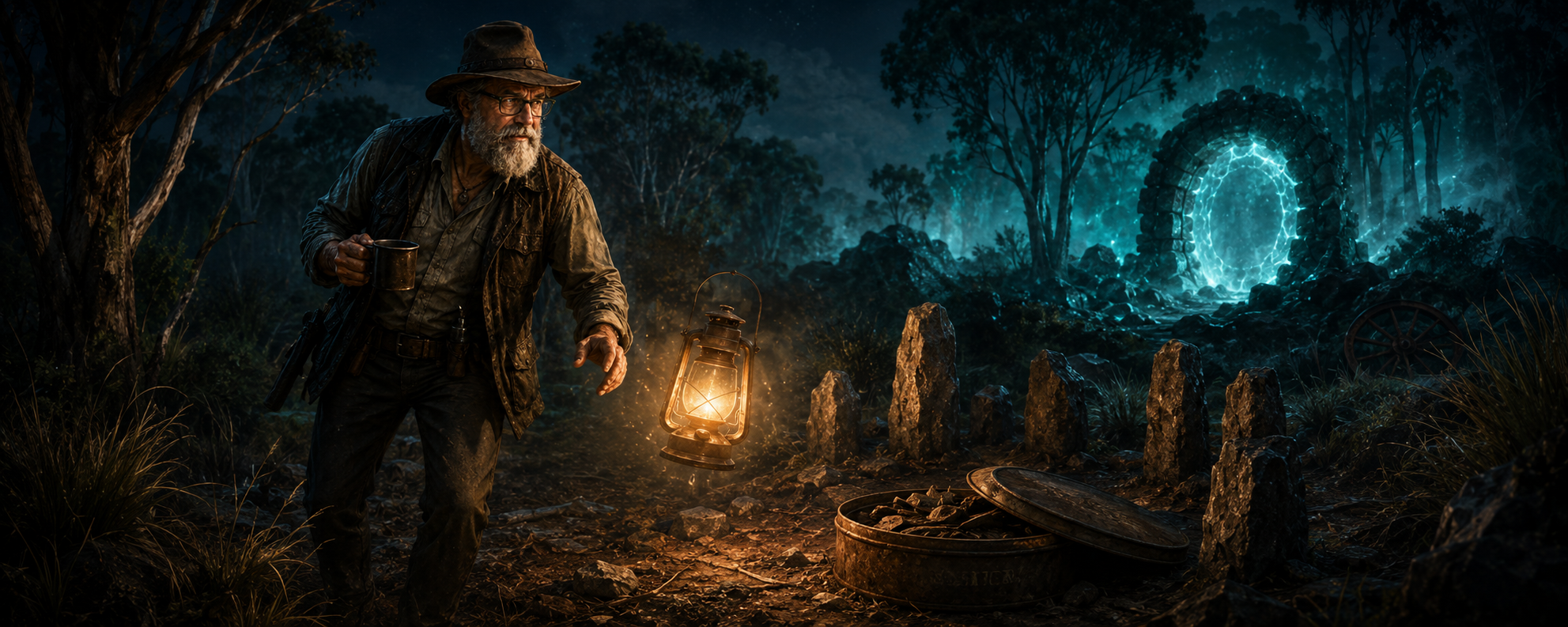 The Original Boomer approaching a glowing lantern and old biscuit tin near the Gateway — Boomerverse Yarn #004