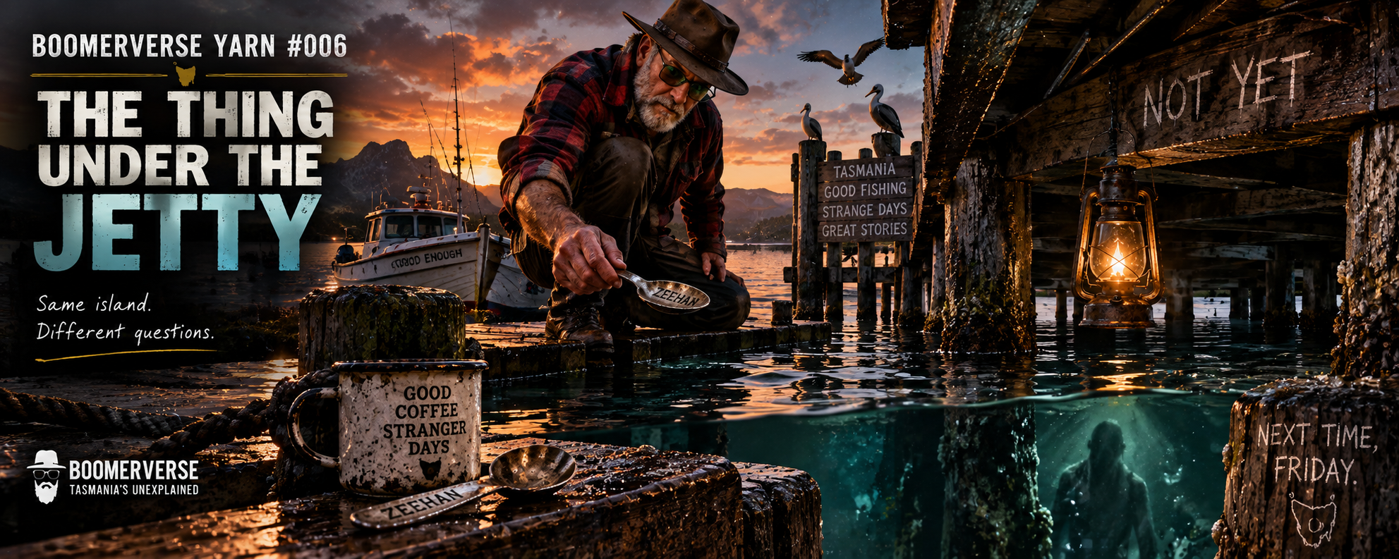 Boomerverse Yarn #006 artwork showing The Original Boomer on a Tasmanian jetty with a Zeehan spoon, lantern and an unexplained shape beneath the water