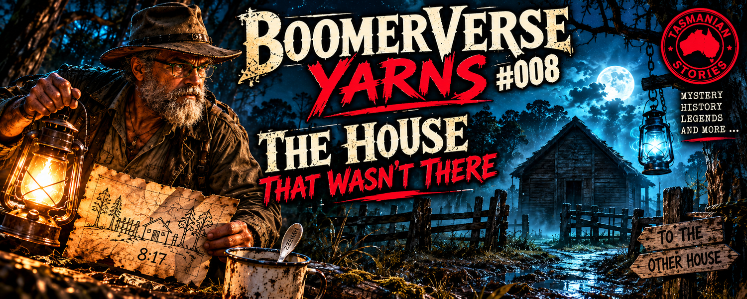Boomerverse Yarn #008 artwork featuring the Original Boomer, a windowless house and an eerie blue lantern in Tasmania